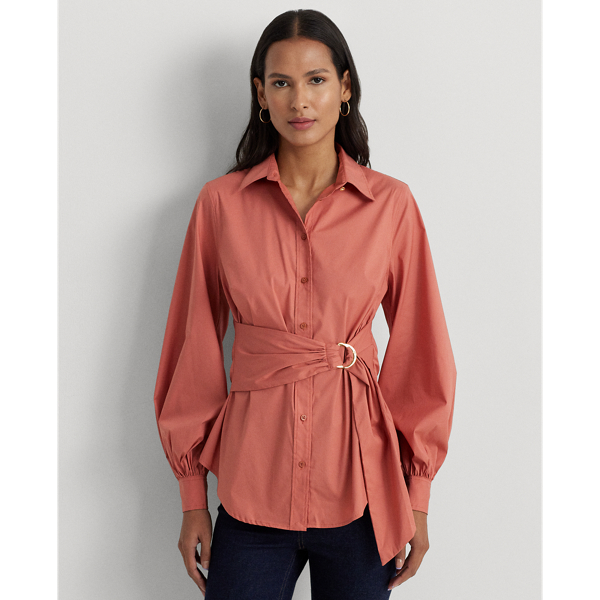 Lauren Petite Tie-front Cotton-blend Shirt In Pink Mahogany