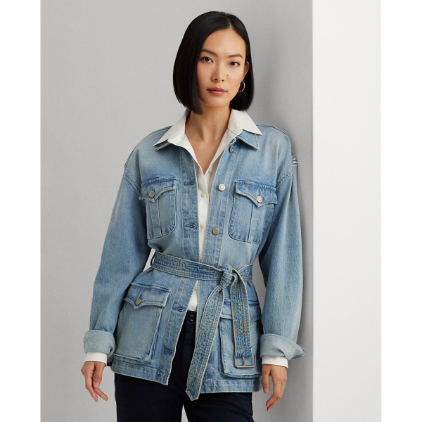Lauren Petite Belted Denim Field Jacket In Isla Wash ModeSens