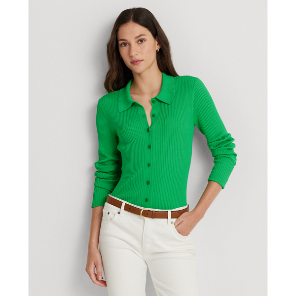 Lauren Petite Rib-knit Long-sleeve Polo Cardigan In Green Topaz