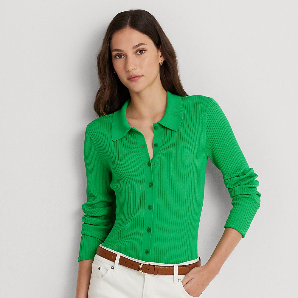 Lauren Petite Rib-knit Long-sleeve Polo Cardigan In Green Topaz
