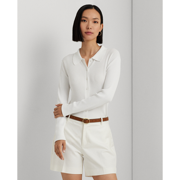 Lauren Petite Rib-knit Long-sleeve Polo Cardigan In White