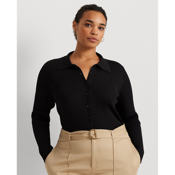 Lauren Woman Rib-knit Long-sleeve Polo Cardigan In Black