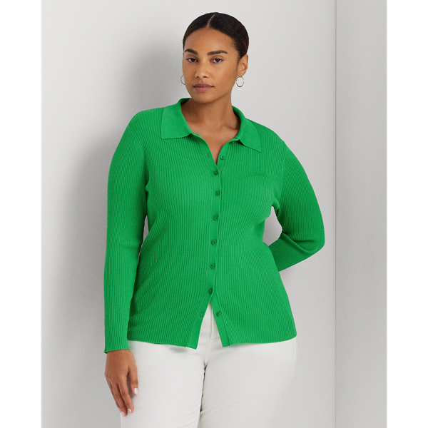 Lauren Woman Rib-knit Long-sleeve Polo Cardigan In Green Topaz