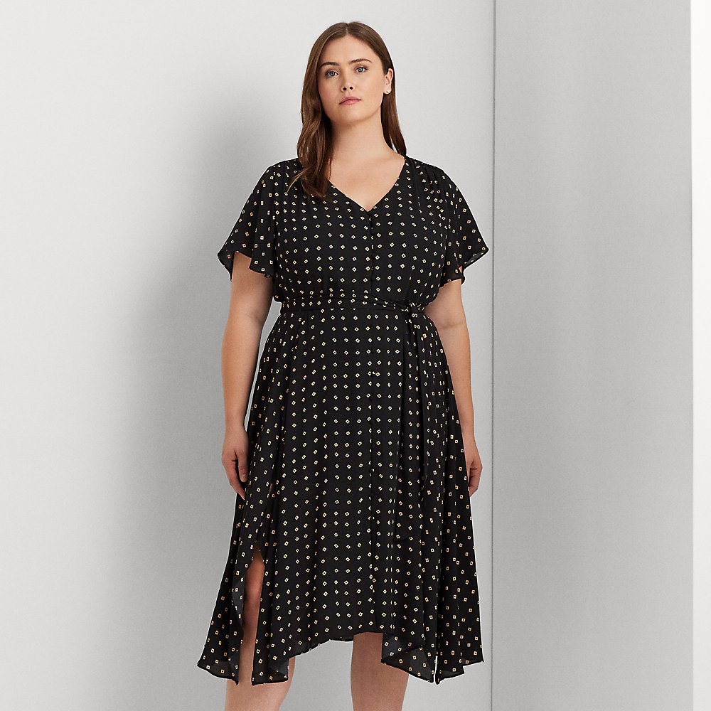 Lauren Woman Geo-print Crepe Flutter-sleeve Dress In Black/tan