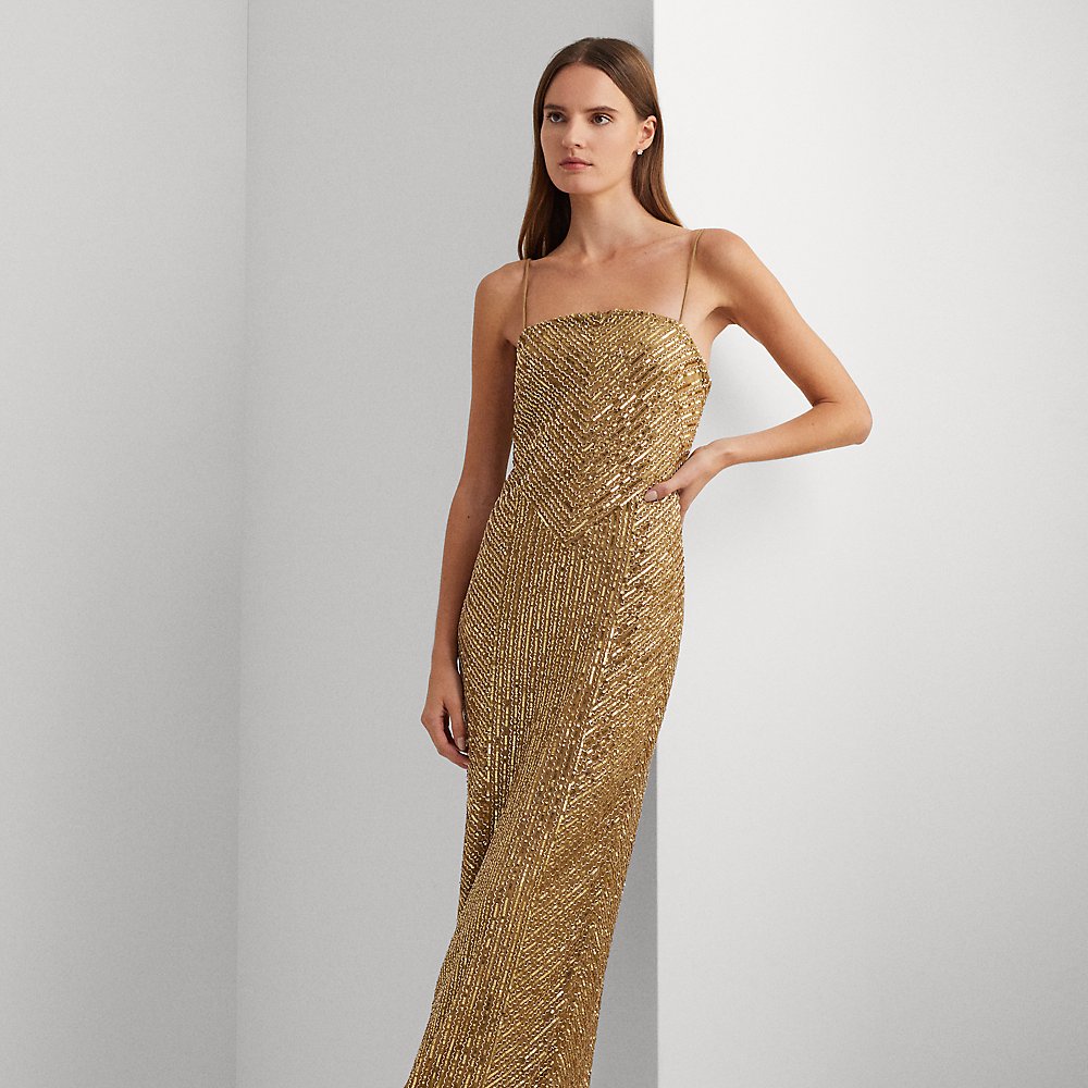 Lauren Ralph Lauren Geo-motif Sequined Gown In Burnished Tan/gold