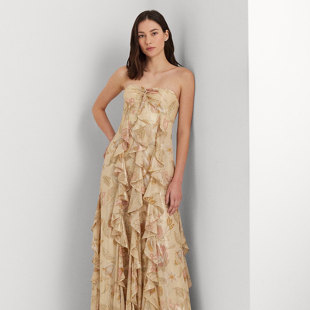 Lauren Ralph Lauren Floral Metallic Chiffon Strapless Gown In Cream Multi