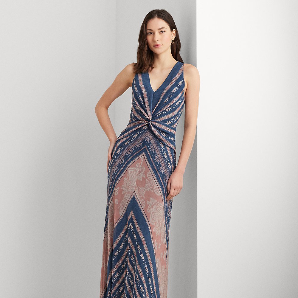 Lauren Ralph Lauren Print Twist-front Georgette Gown In Blue/pink/cream