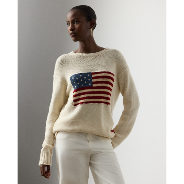 Polo Ralph Lauren Flag Cashmere Crewneck Sweater In Lux Cream W/ Flag