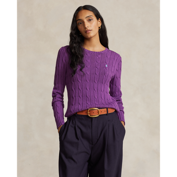 Shop Polo Ralph Lauren Cable-knit Cotton Crewneck Jumper In Purple