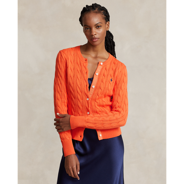 Ralph Lauren Cable-knit Cotton Crewneck Cardigan In Kona Orange