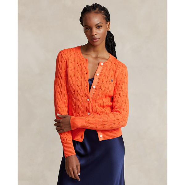 Polo Ralph Lauren Cable-knit Cotton Crewneck Cardigan In Kona Orange