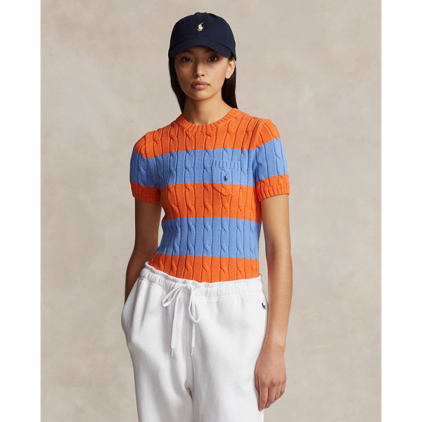 Ralph Lauren Striped Cable-knit Short-sleeve Sweater In Canvas Blue/may Orange