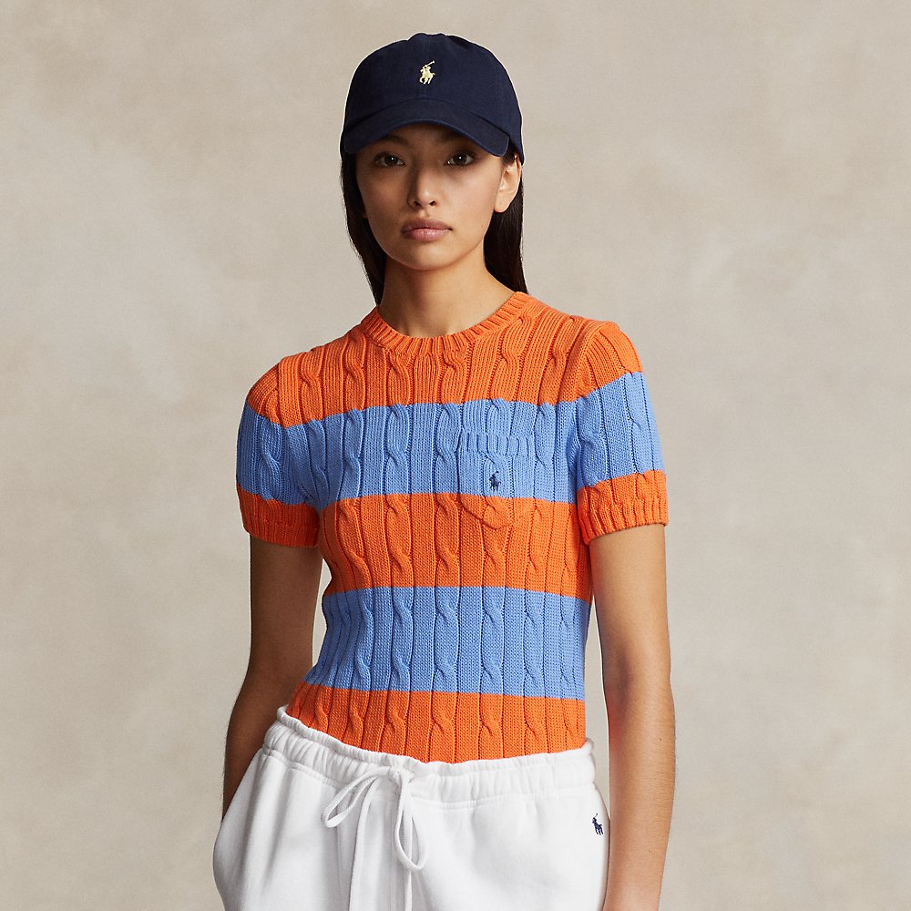 Ralph Lauren Striped Cable-knit Short-sleeve Sweater In Canvas Blue/may Orange
