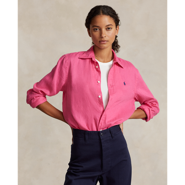 Polo Ralph Lauren Linen Collared Shirt Curved Hem Long Sleeves In Desert Pink
