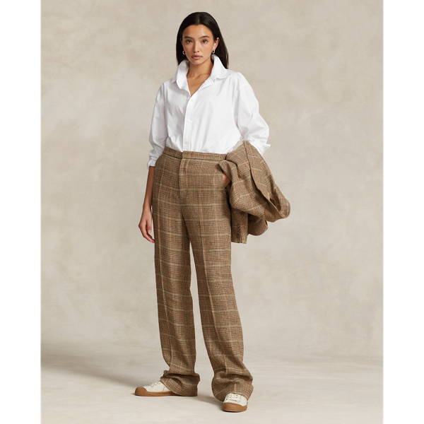 Ralph Lauren Plaid Linen-silk Straight-leg Pant In Brown Multi Check