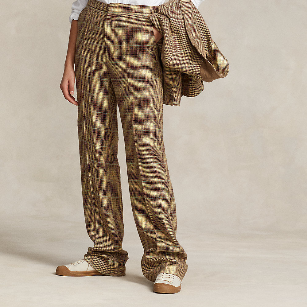 Ralph Lauren Plaid Linen-silk Straight-leg Pant In Brown Multi Check