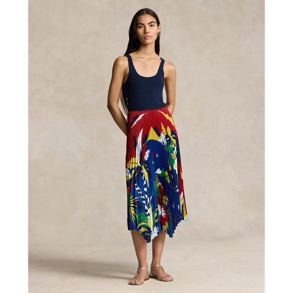 Ralph Lauren Graphic Hybrid Sweater-pleated Dress In Red Multi