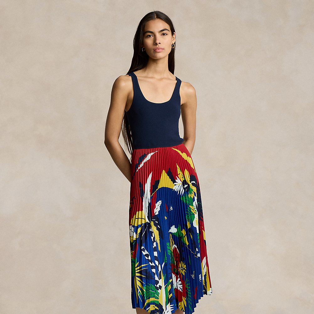 Ralph Lauren Graphic Hybrid Sweater-pleated Dress In Red Multi