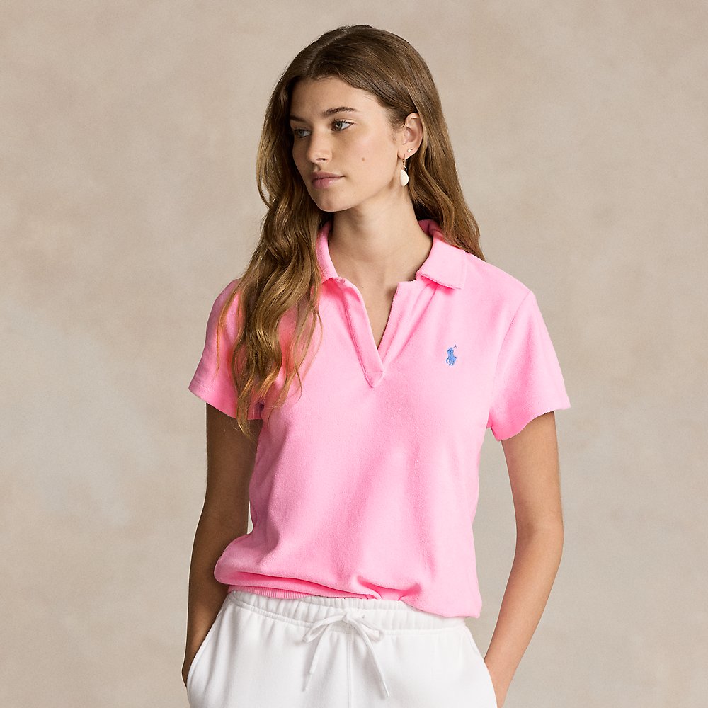 Shop Ralph Lauren Shrunken Fit Terry Polo Shirt In Carmel Pink