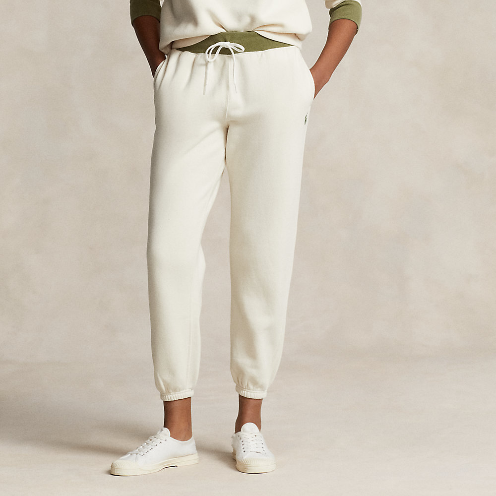 Ralph Lauren Two-tone Fleece Athletic Pant In Antique Cream/tree Green