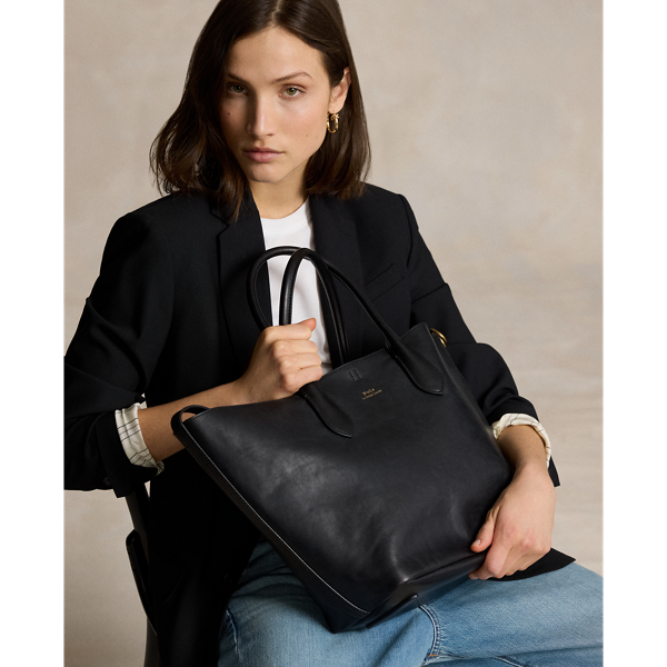 Polo Ralph Lauren Reversible Leather Medium Bellport Tote In Black