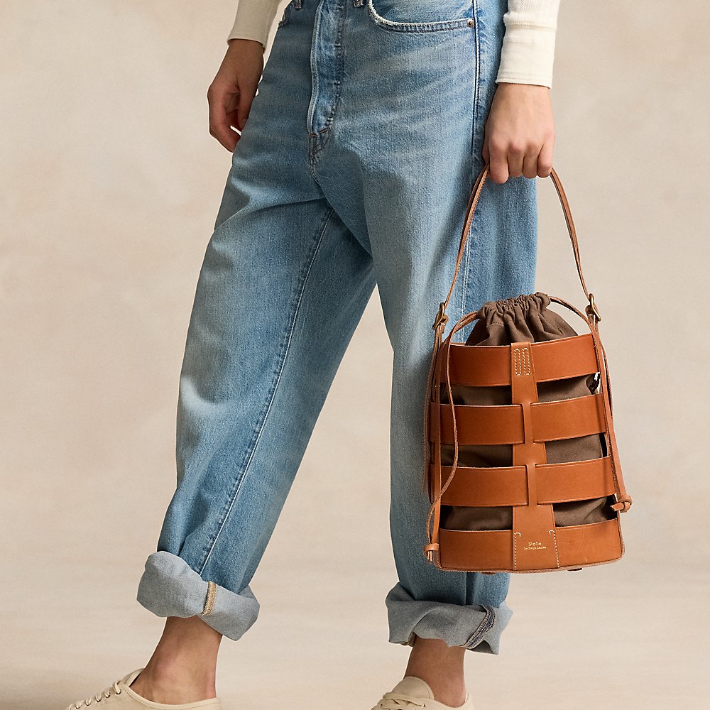 Ralph Lauren Leather Medium Basketweave Bucket Bag In Natural