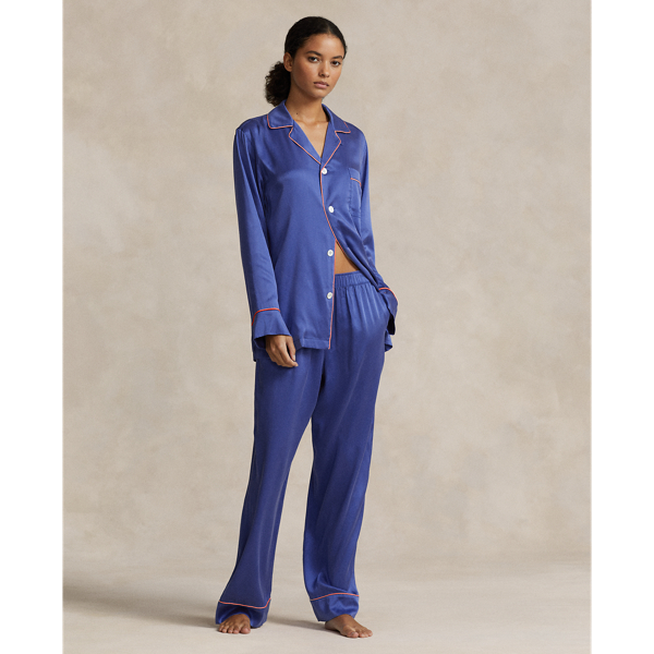 Ralph Lauren Stretch Silk Long-sleeve Pajama Set In Cobalt