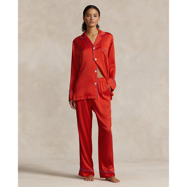 Ralph Lauren Stretch Silk Long-sleeve Pajama Set In Paley Red