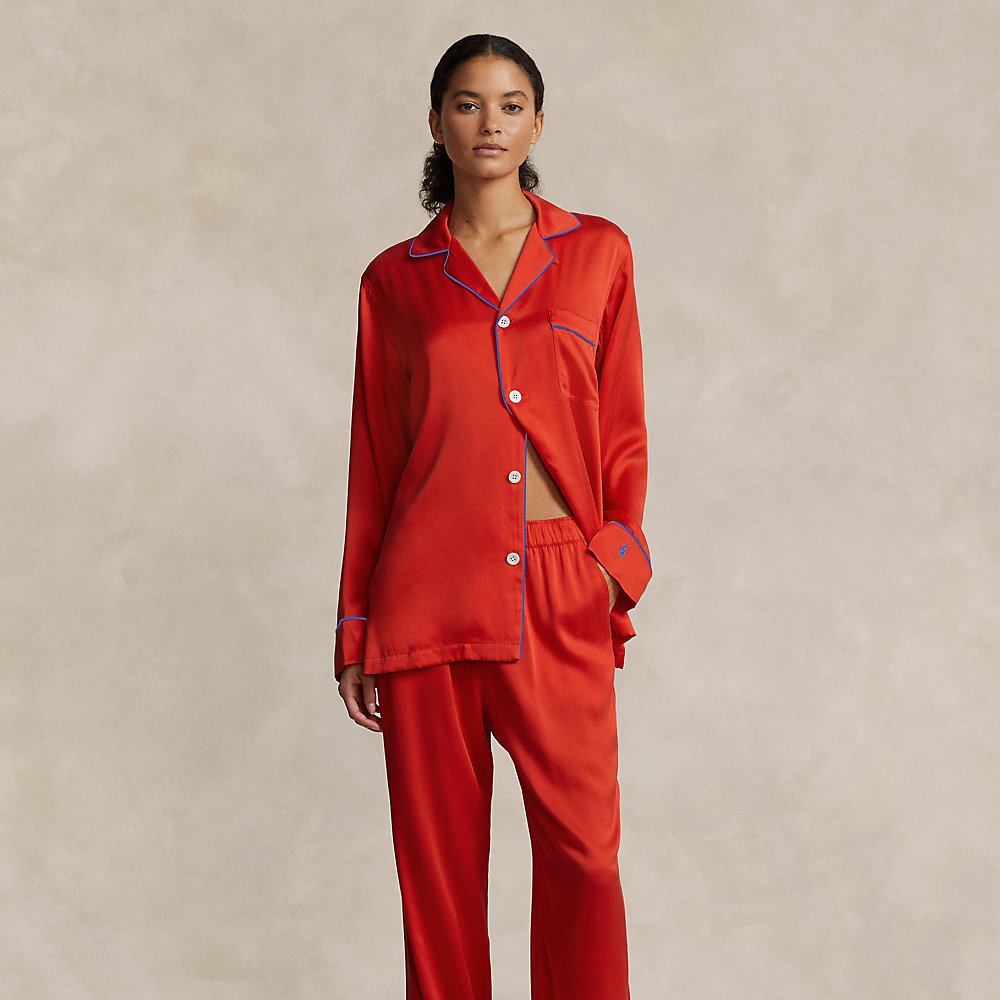 Ralph Lauren Stretch Silk Long-sleeve Pajama Set In Paley Red