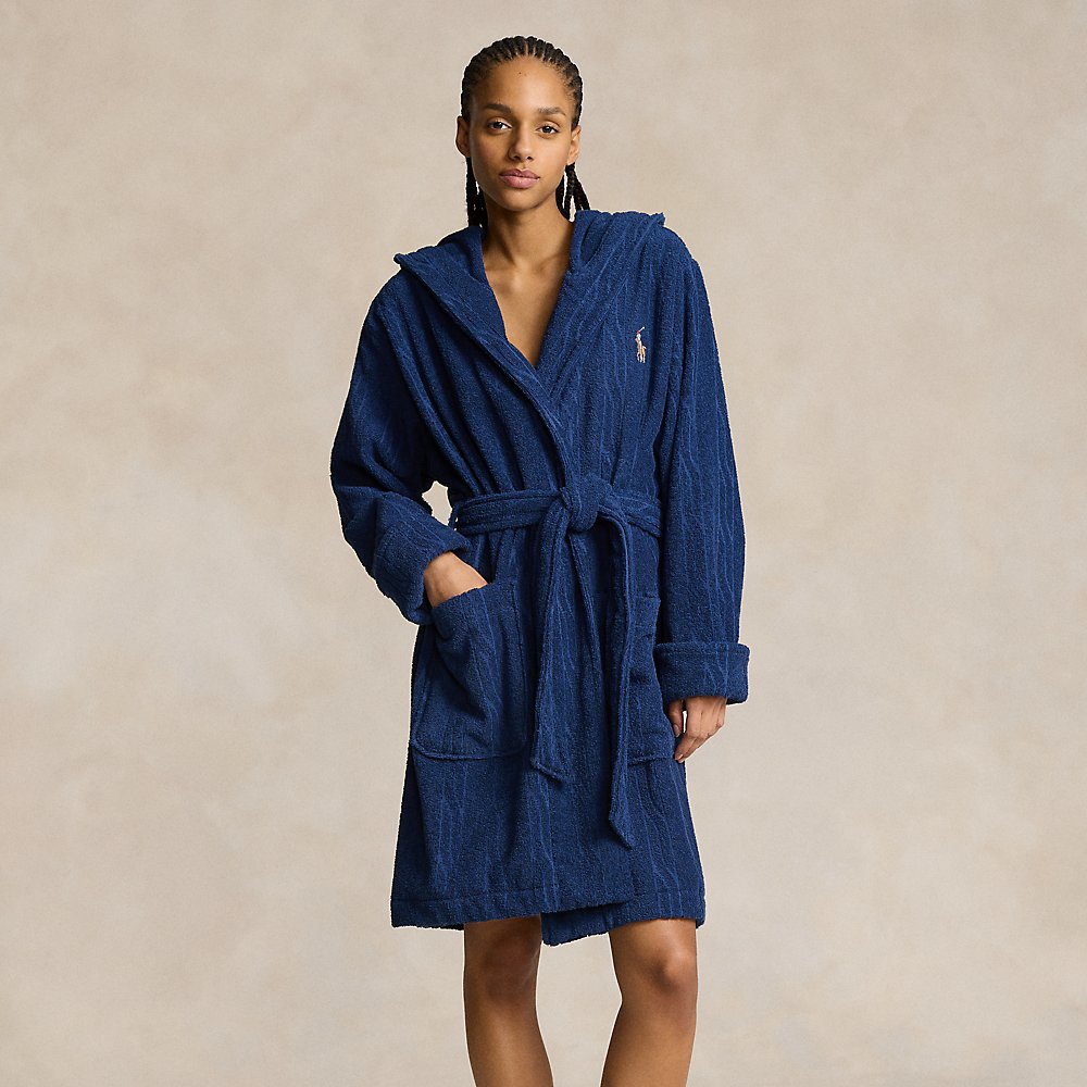 Ralph Lauren Cable Cotton Terry Hooded Robe In Navy