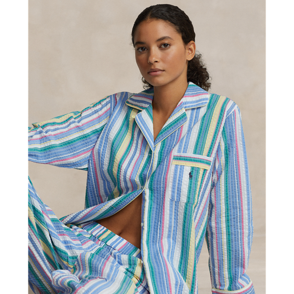 Shop Ralph Lauren Striped Seersucker Long-sleeve Pj Set In Multicolor