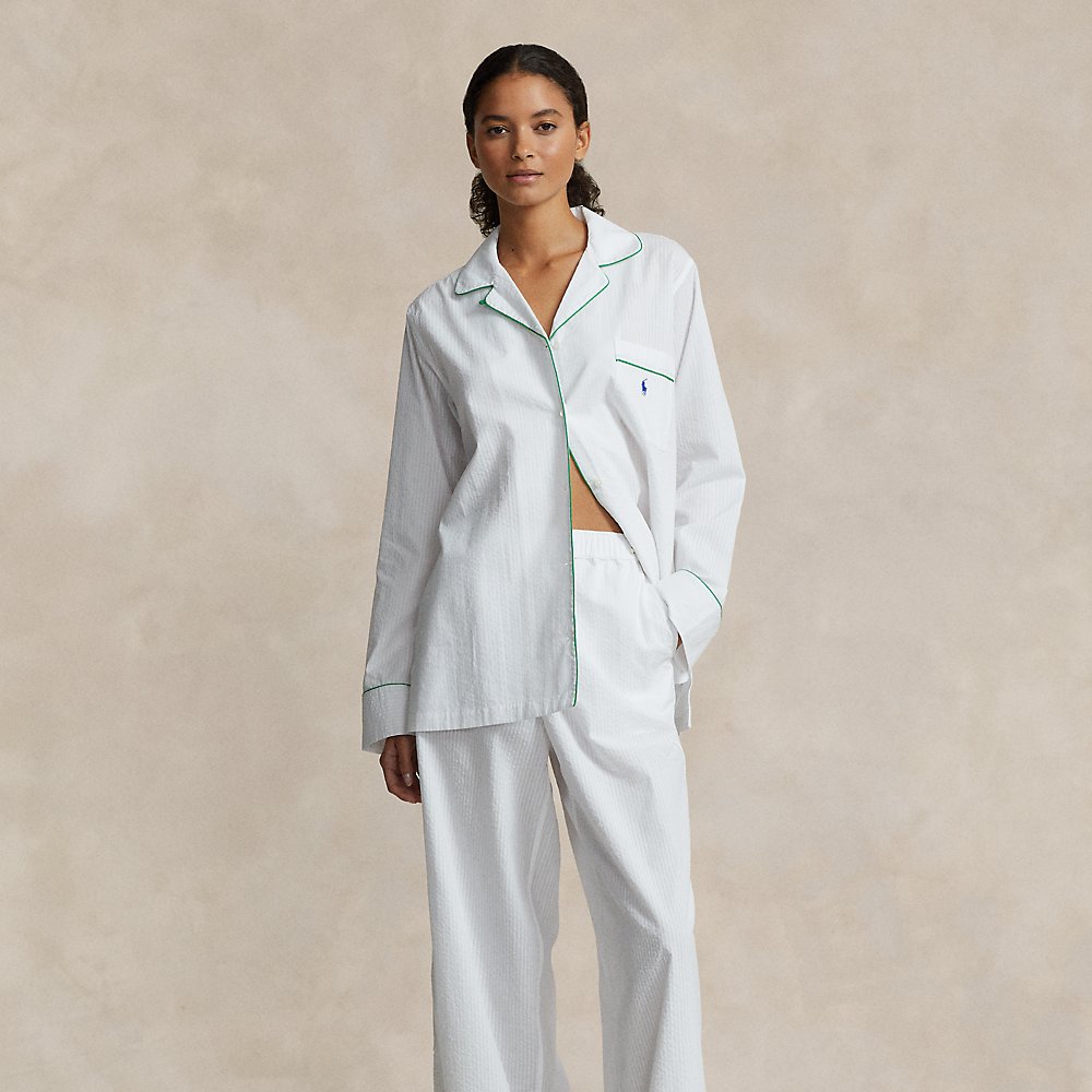 Shop Ralph Lauren Striped Seersucker Long-sleeve Pj Set In White Cloud
