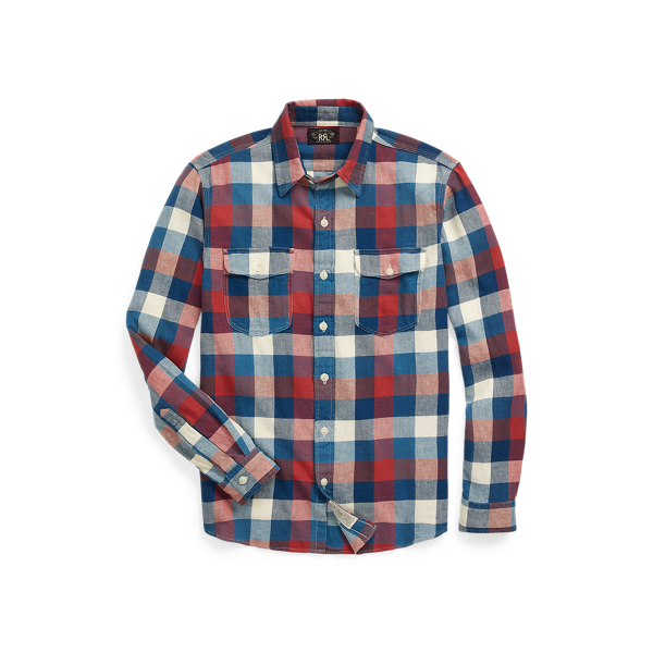 Double Rl Indigo Plaid Cotton-linen Workshirt In Red/indigo