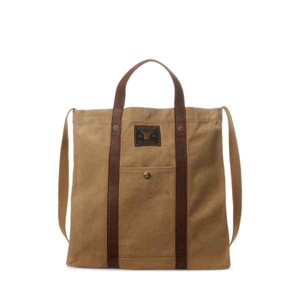 Double Rl Leather-trim Canvas Tote In Khaki/brown
