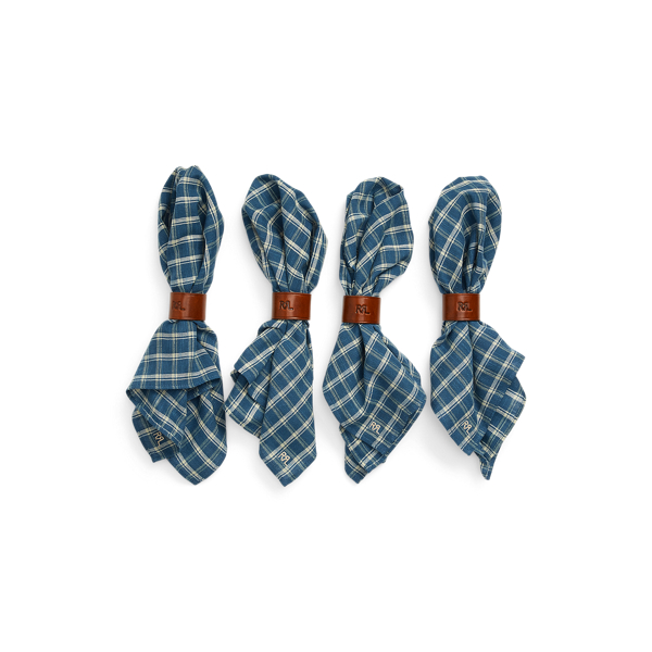 Shop Double Rl Checked Napkin Set With Leather Sliders In Navy/cream