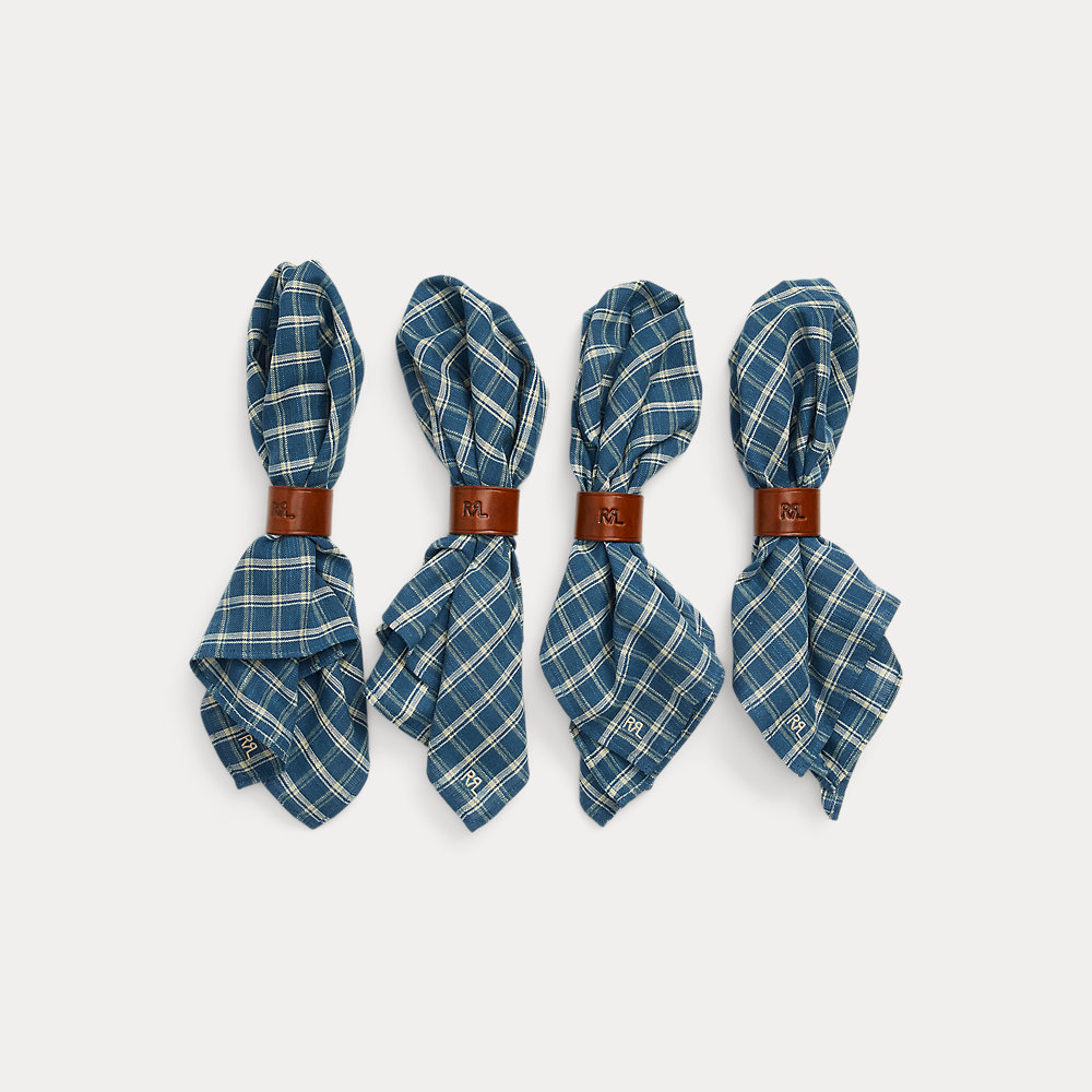 Double Rl Checked Napkin Set With Leather Sliders In Navy/cream