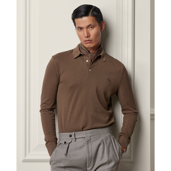 Ralph Lauren Purple Label Wool Piqué Long-sleeve Polo Shirt In Taupe