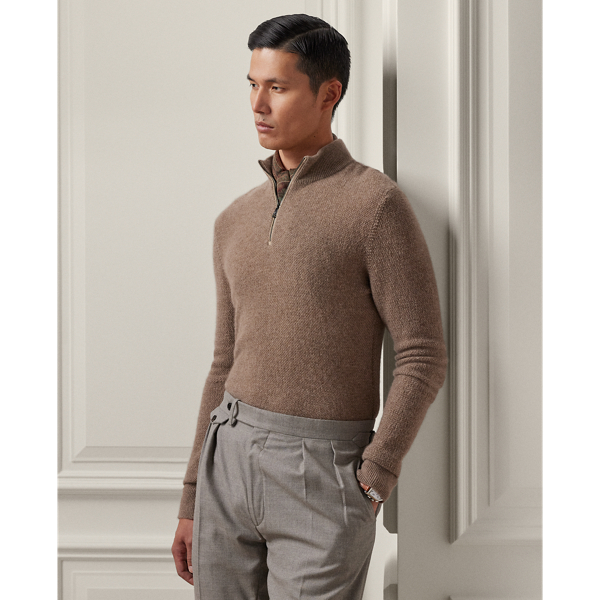 Ralph Lauren Purple Label Cashmere Birdseye Quarter-zip Sweater In Taupe Multi