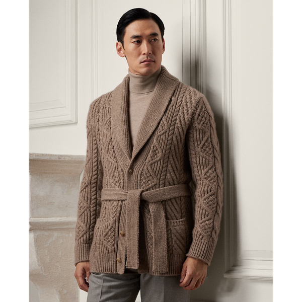 Shop Ralph Lauren Purple Label Cable-knit Cashmere Belted Cardigan In Brown