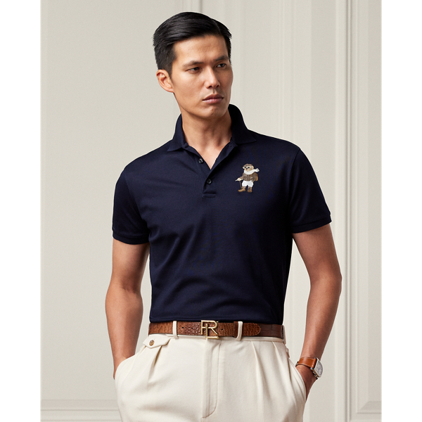 Shop Ralph Lauren Purple Label Custom Slim Fit Polo Bear Polo Shirt In Classic Chairman Navy