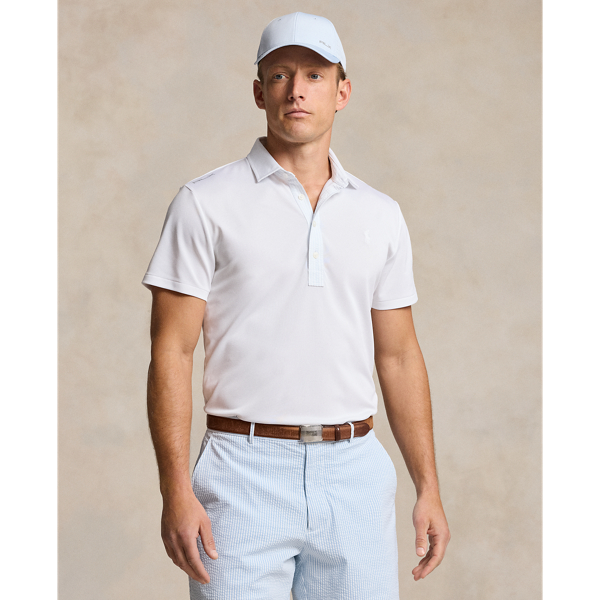 Shop Rlx Golf Tailored Fit Performance Polo Shirt In Ceramic White/blue