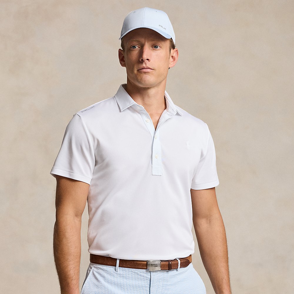 Rlx Golf Tailored Fit Performance Polo Shirt In Ceramic White/blue