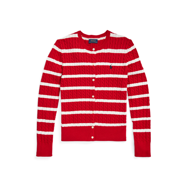 Shop Ralph Lauren Striped Mini-cable Cotton Cardigan In Red