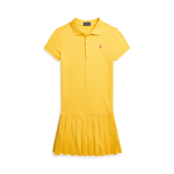 Shop Ralph Lauren Pleated Stretch Mesh Polo Dress In Yellow