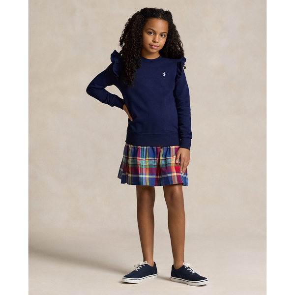 Shop Polo Ralph Lauren Madras-skirt Fleece Dress In Newport Navy W/white