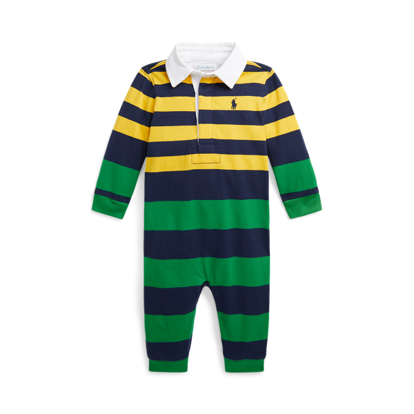 Shop Ralph Lauren Striped Cotton Jersey Rugby Coverall In Blue