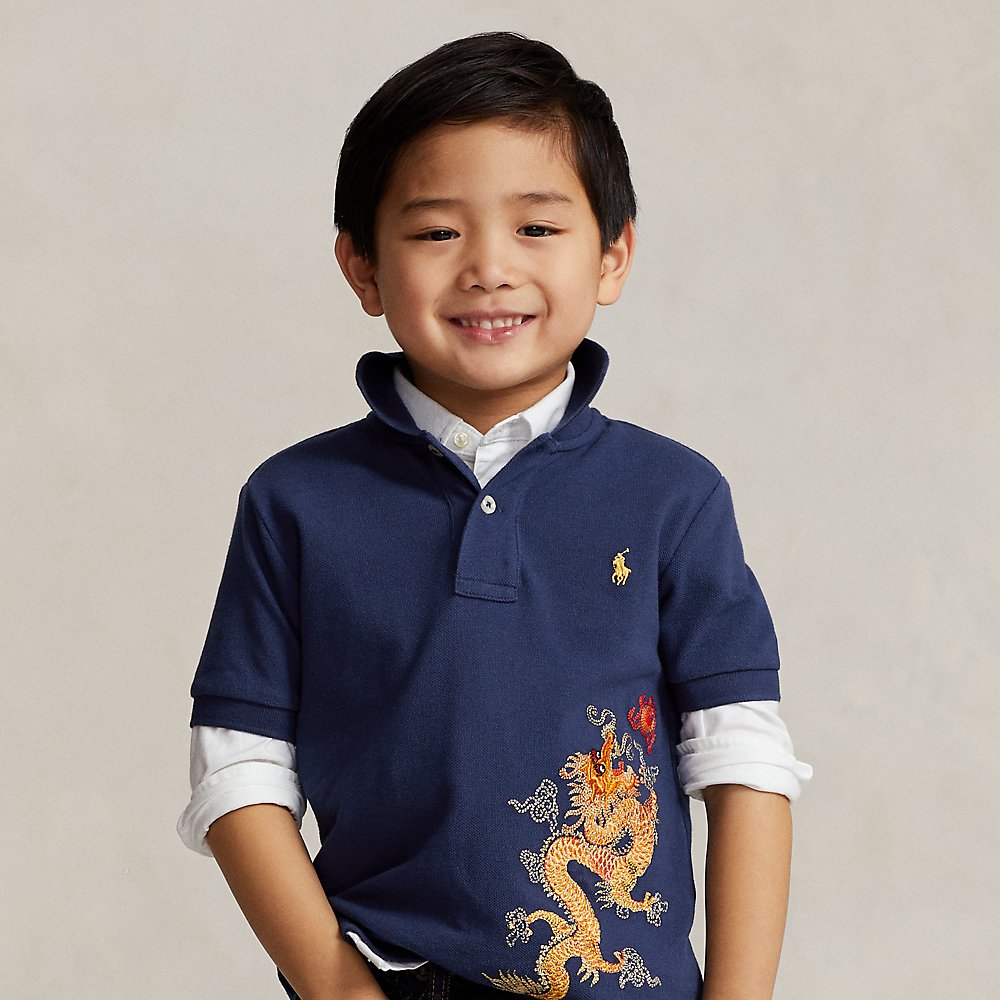 Polo Ralph Lauren Kids' Lunar New Year Dragon Mesh Polo Shirt In Dark Cobalt