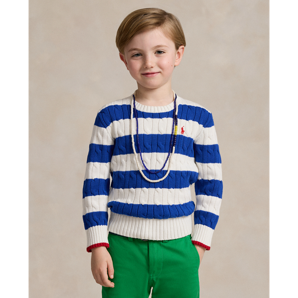 Shop Polo Ralph Lauren Striped Cable-knit Cotton Sweater In Sapphire Star/white
