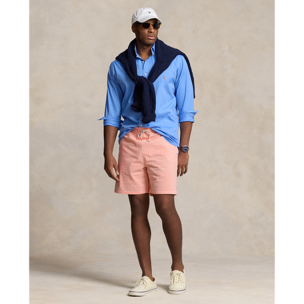 Polo Ralph Lauren Traveler Stretch Classic Swim Trunk In Sailing Orange Seersucker