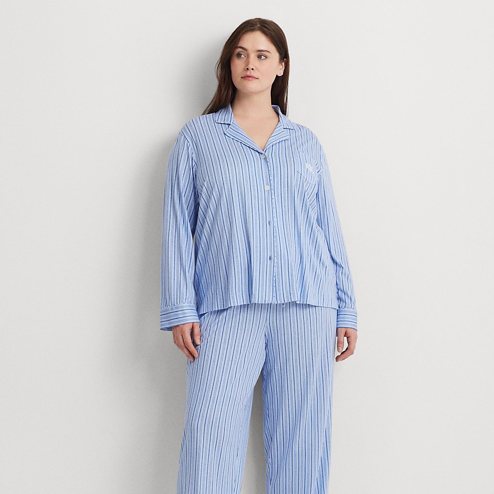 Lauren Woman Striped Cotton-blend Jersey Sleep Set In Blue Stripe